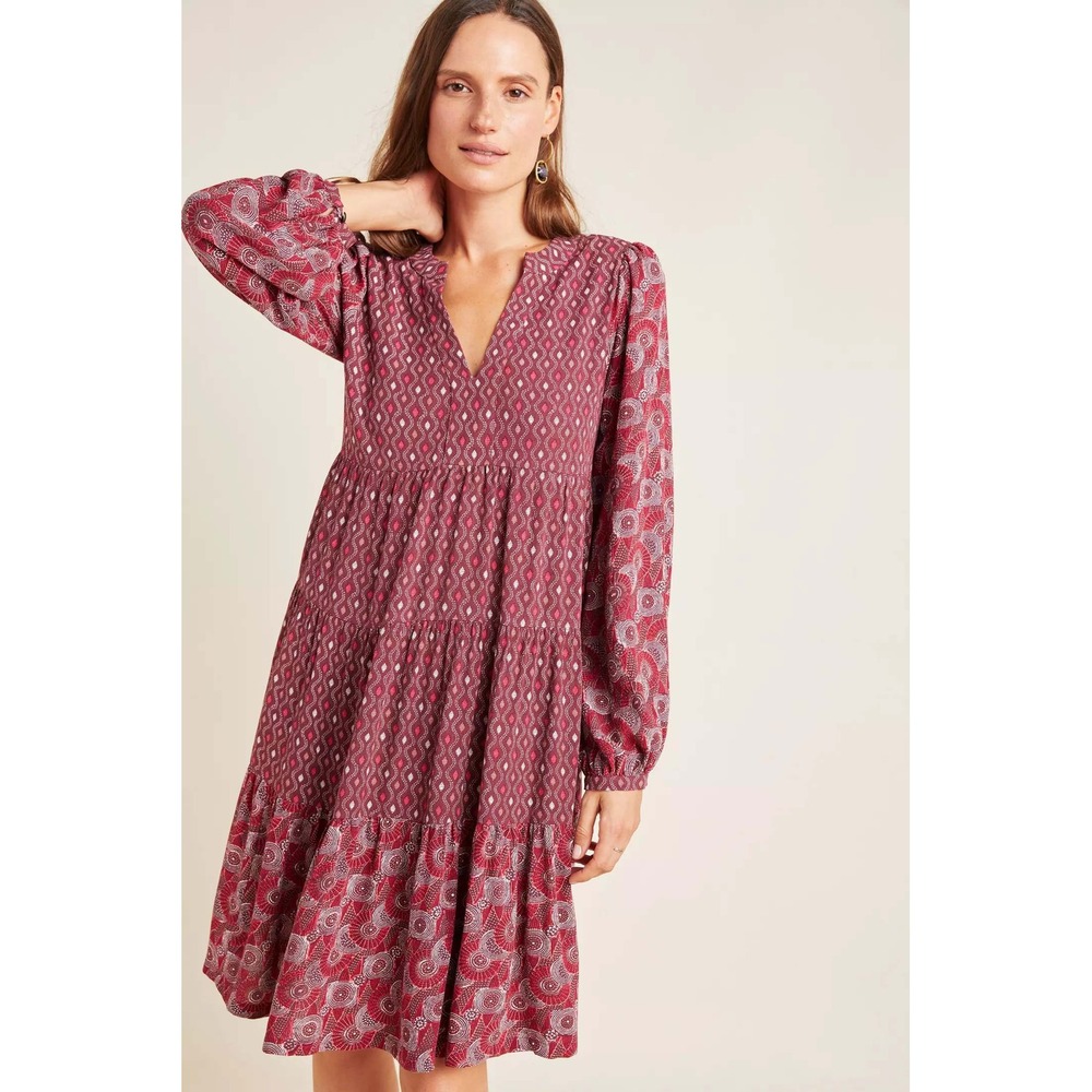 Maeve Anthropologie Amber Tiered Tunic Dress Burgundy Boho Print XS